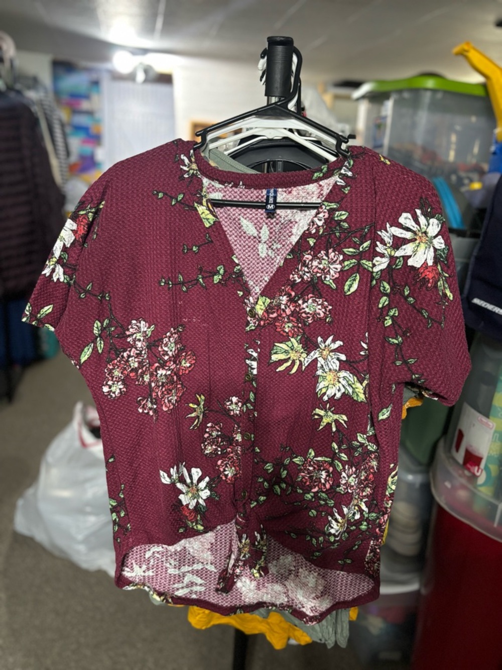 Floral V-Neck Knot Front Top in Burgundy - Women